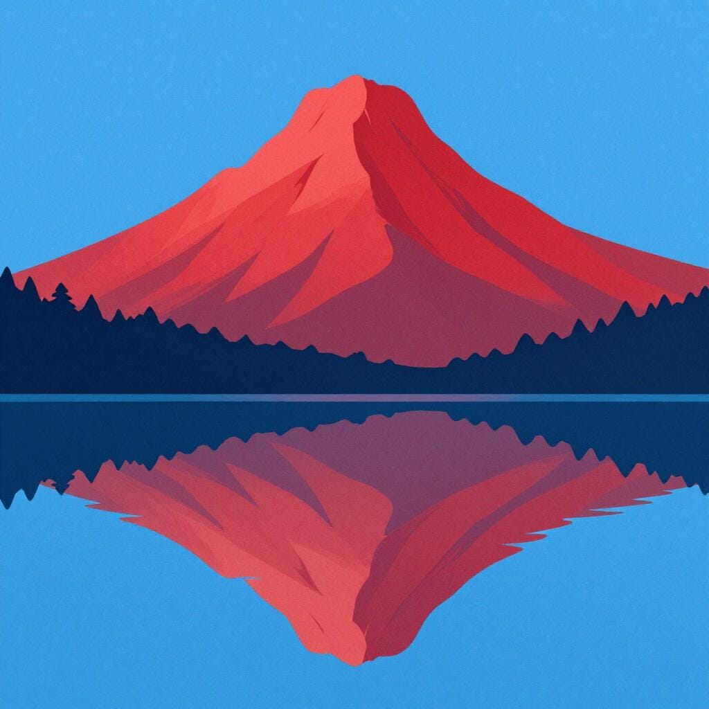 A bright red mountain reflecting perfectly in the still water of a blue lake.