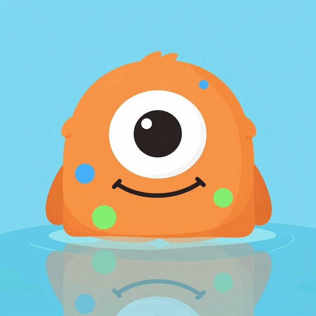 A friendly monster with one eye slightly larger than the other and mismatched fuzzy spots, looking into a pond.