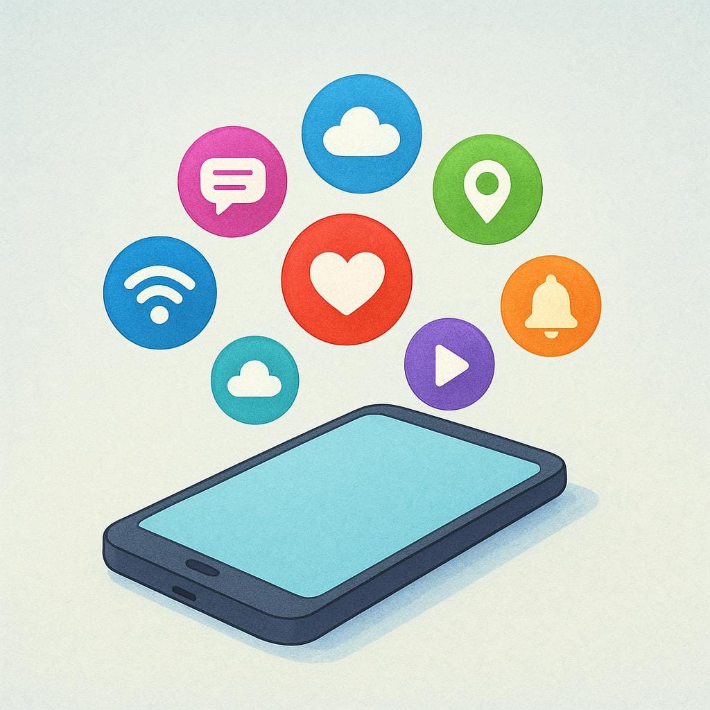 A colorful illustration of a smartphone screen showing several vibrant, rounded app icons floating above it.