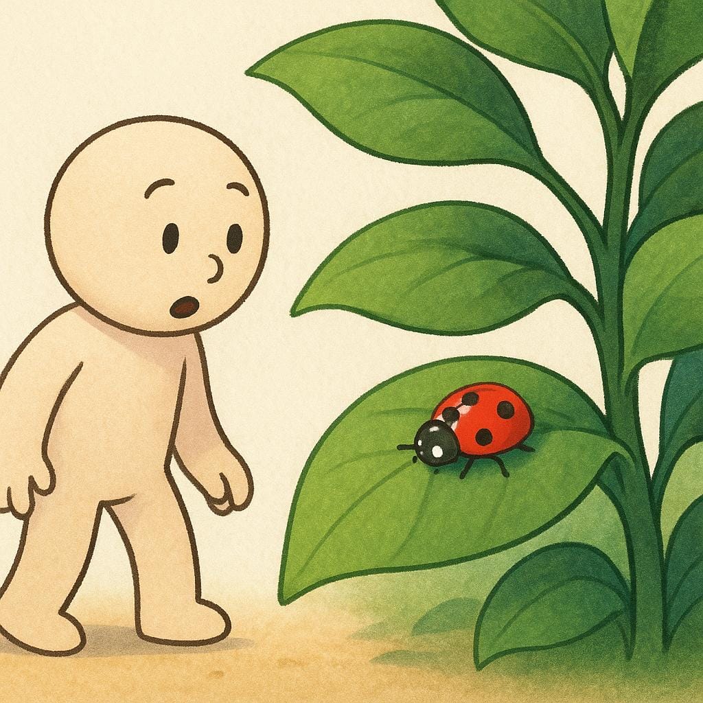 A person with a surprised expression looking closely at a small red ladybug on a green leaf, demonstrating the act of noticing.
