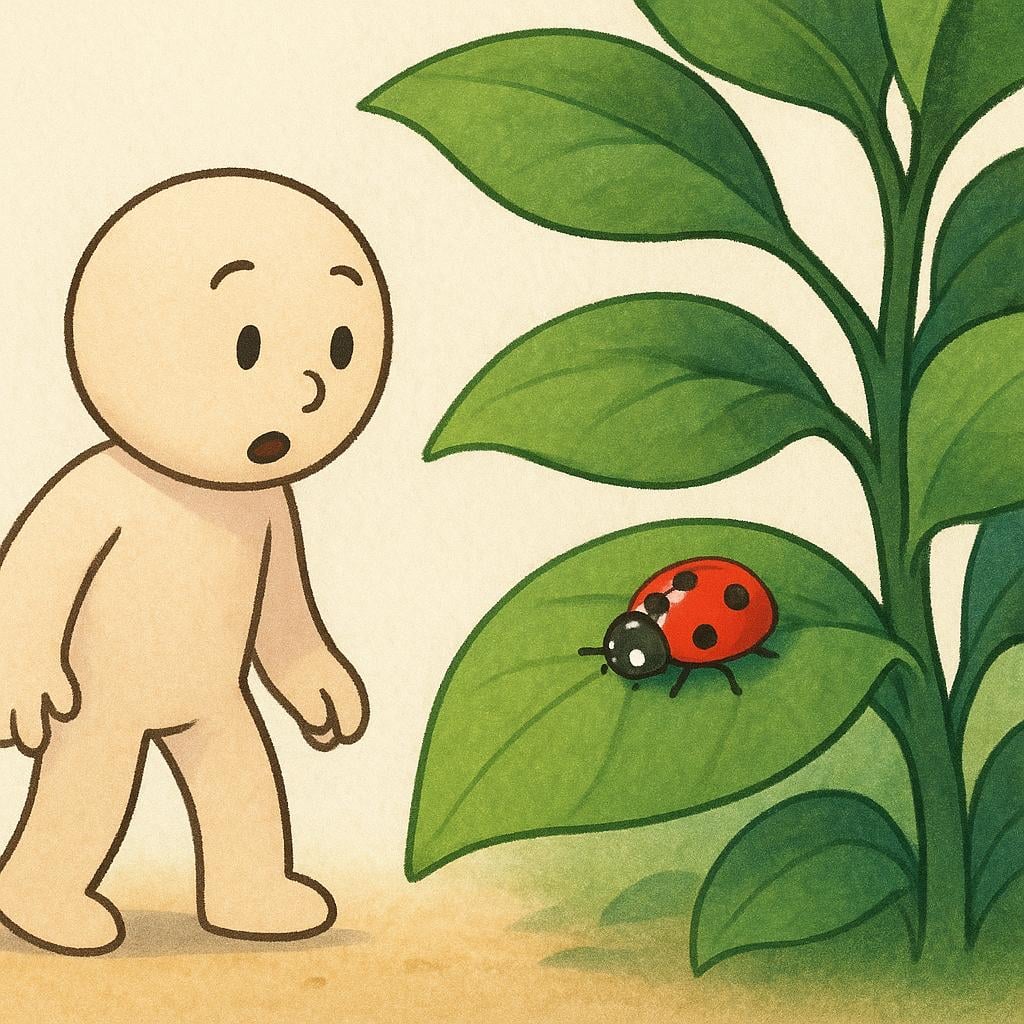 A person with a surprised expression looking closely at a small red ladybug on a green leaf, demonstrating the act of noticing.