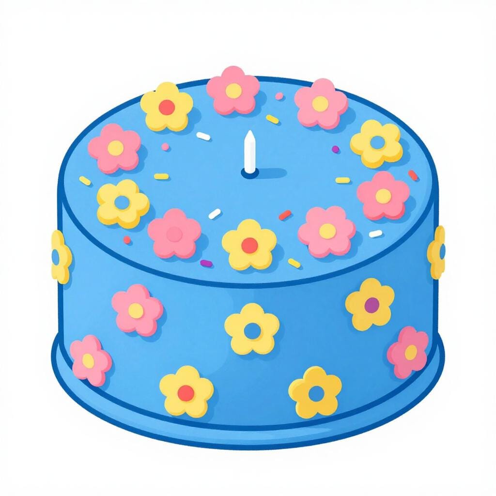 Una torta blu brillante con glassa colorata a forma di fiori e codette sopra.
