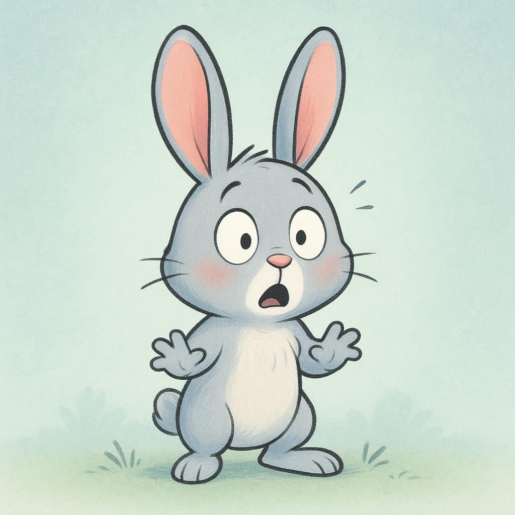 A small, cartoonish rabbit character stands frozen, eyes wide and ears straight up, showing a sudden jolt of surprise and fear.