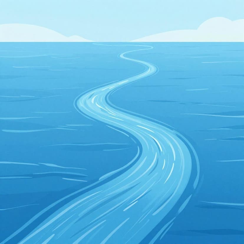 A wide river flowing smoothly into a vast blue ocean.