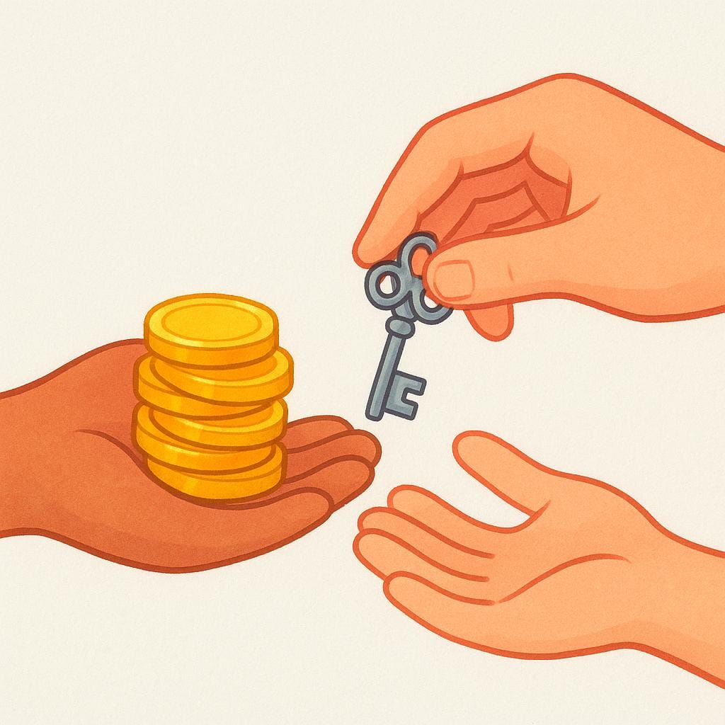 Two stylized hands exchanging a small pile of gold coins for a decorative key, symbolizing a down payment.