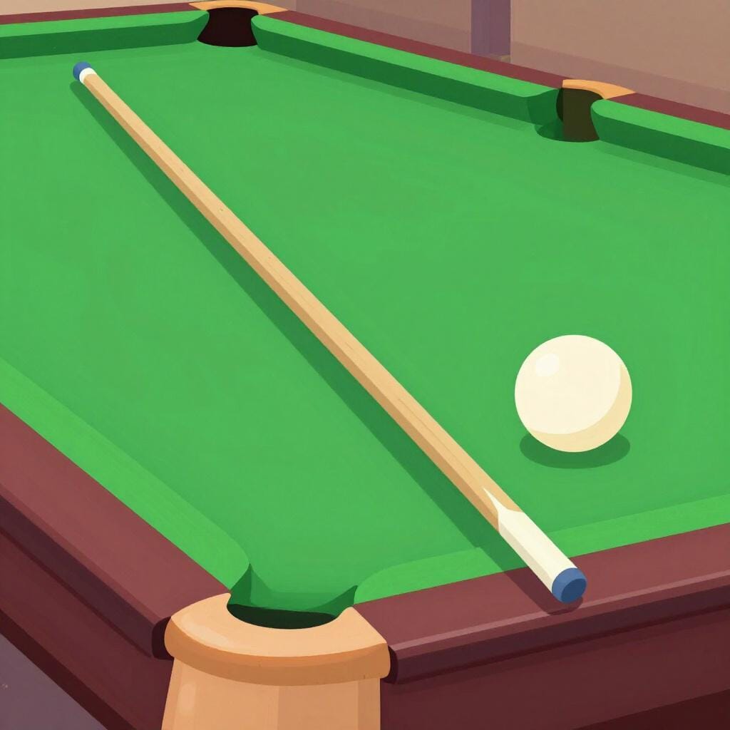 A long wooden pool cue stick leaning against a green billiards table.