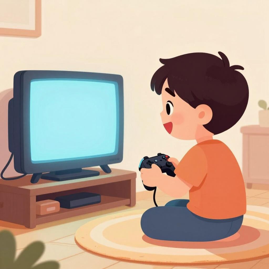 A child sitting on a cozy rug, eyes wide with excitement, holding a video game controller with a bright screen glowing in front of them.