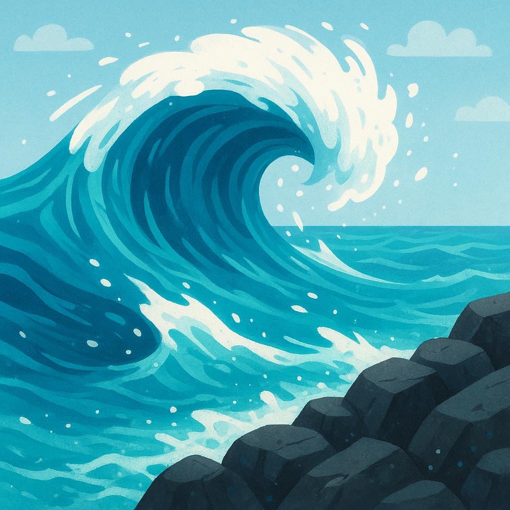 A thick, powerful ocean wave rushing aggressively and flowing over coastal rocks, demonstrating a surge.