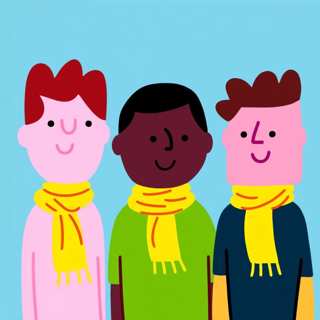 A line of three different cartoon people, all wearing identical, bright yellow neck scarves, symbolizing a popular or customary trend.
