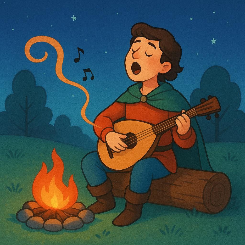 A simple illustration of a person sitting by a small campfire, holding a lute and singing a dramatic story, representing a traditional narrative poem.