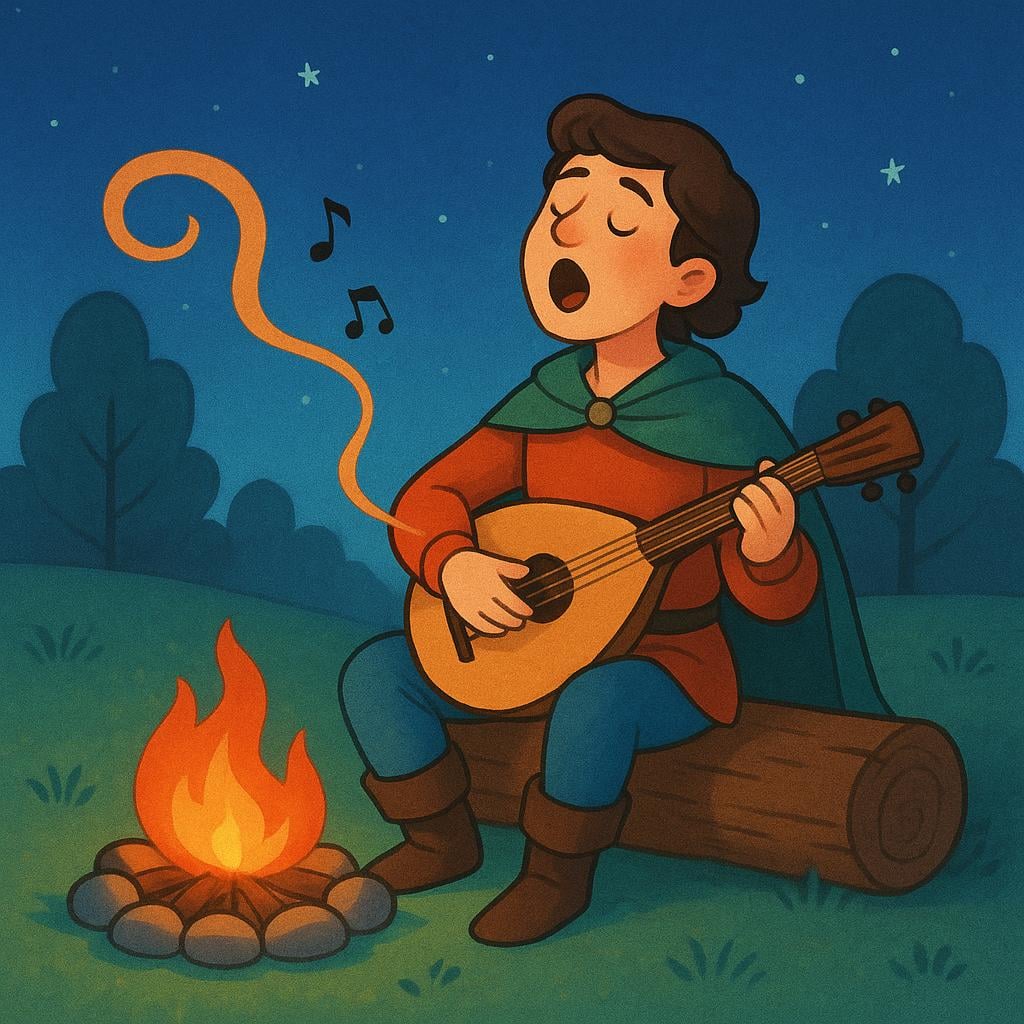 A simple illustration of a person sitting by a small campfire, holding a lute and singing a dramatic story, representing a traditional narrative poem.