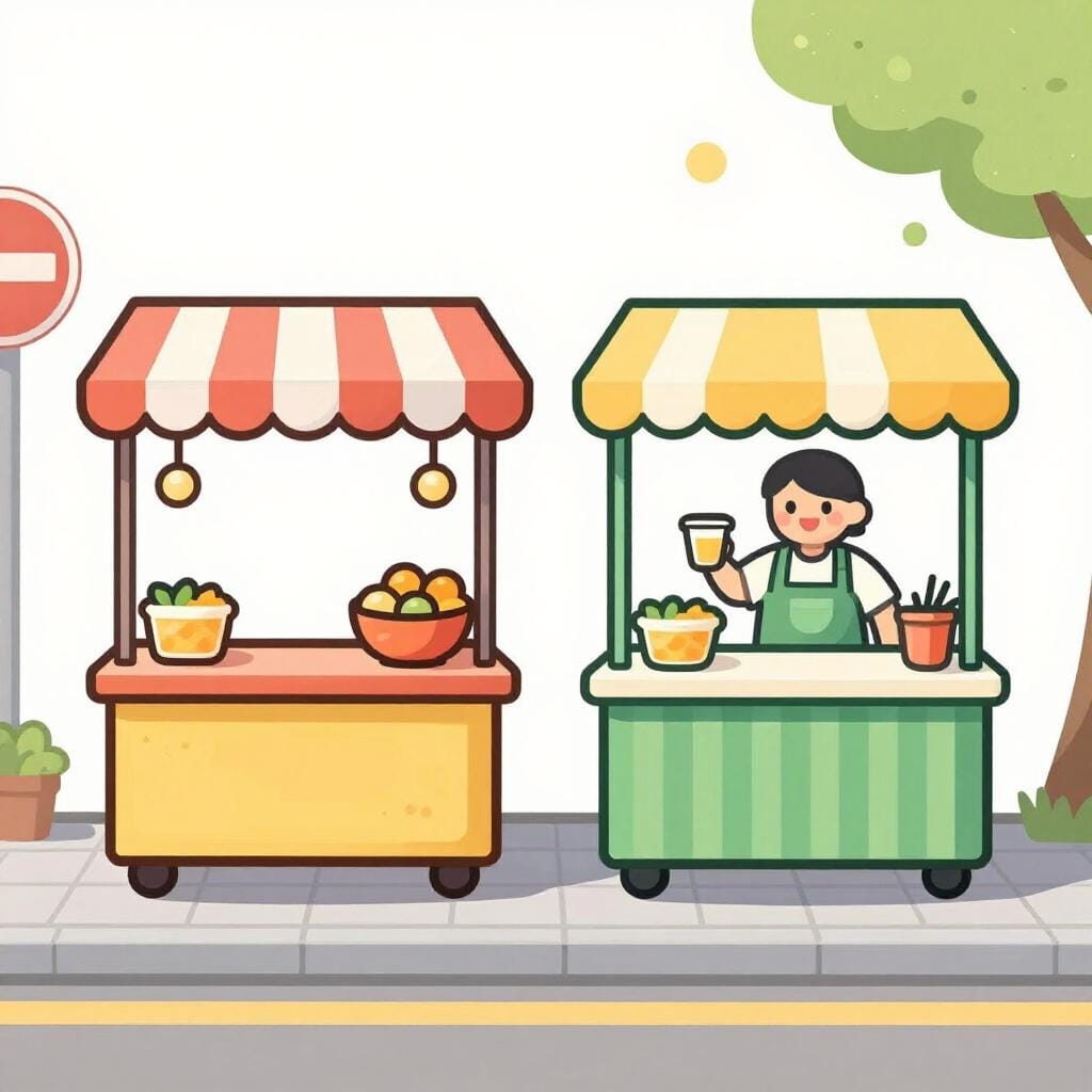 Two different ice cream stands parked next to each other, both with bright umbrellas and colorful signs.