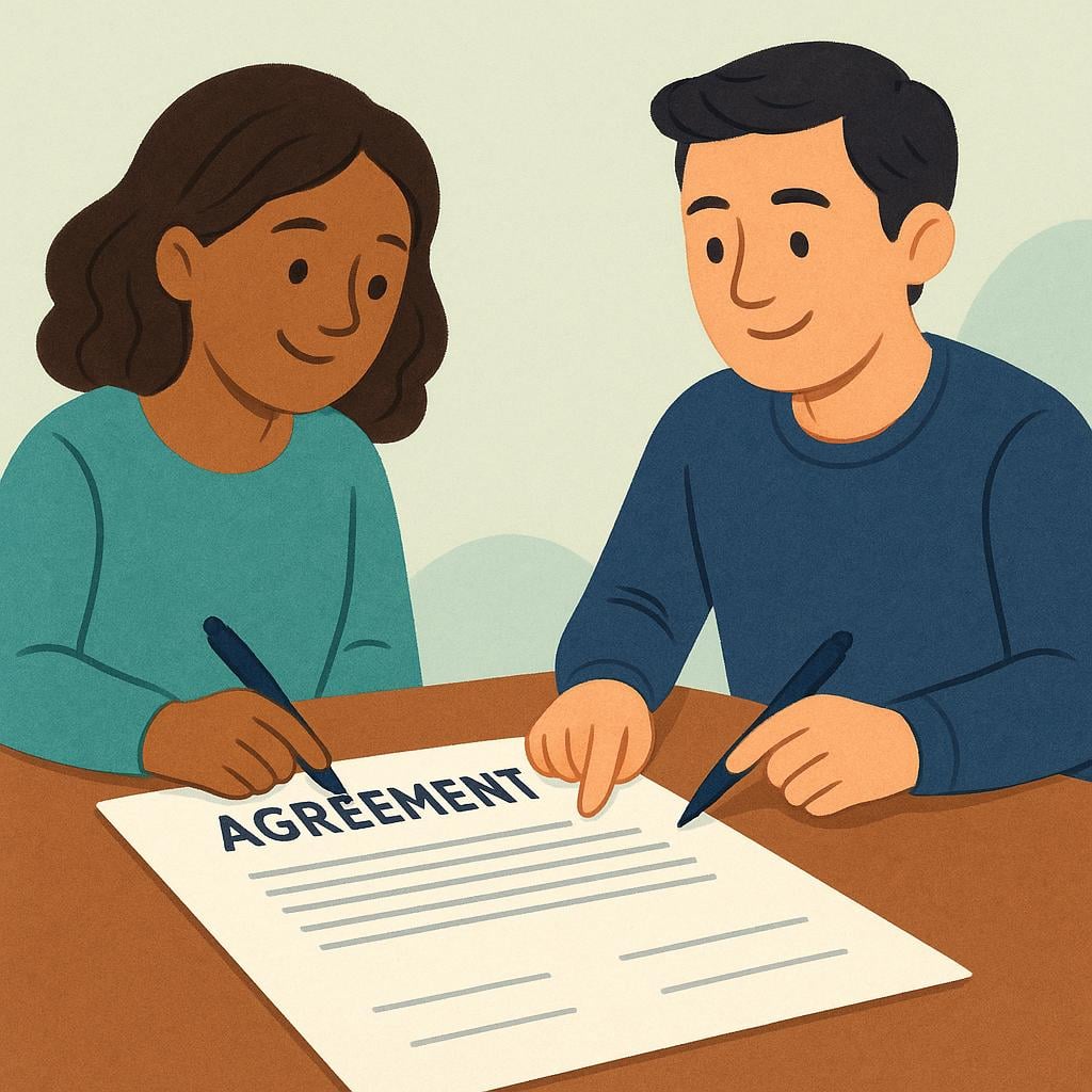 Two individuals sitting across a large wooden table finalizing a formal agreement, indicated by pens and a document placed between them.