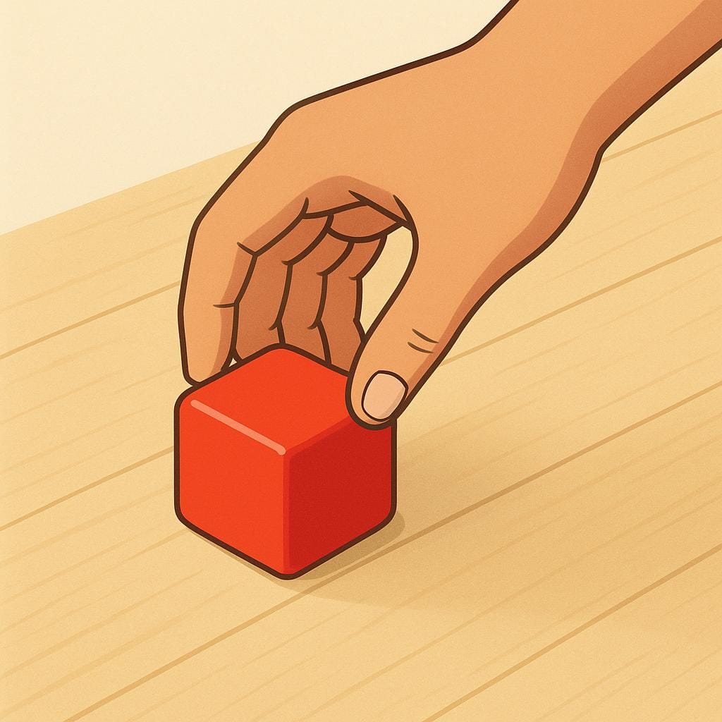 A person's hand reaching down toward the ground, about to grasp a dropped bright red toy block.