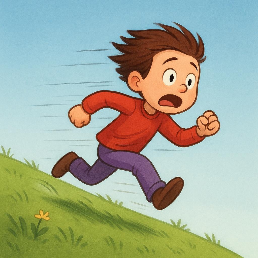 A simple storybook illustration of a stylized figure running urgently and quickly across a landscape, suggesting the act of fleeing.