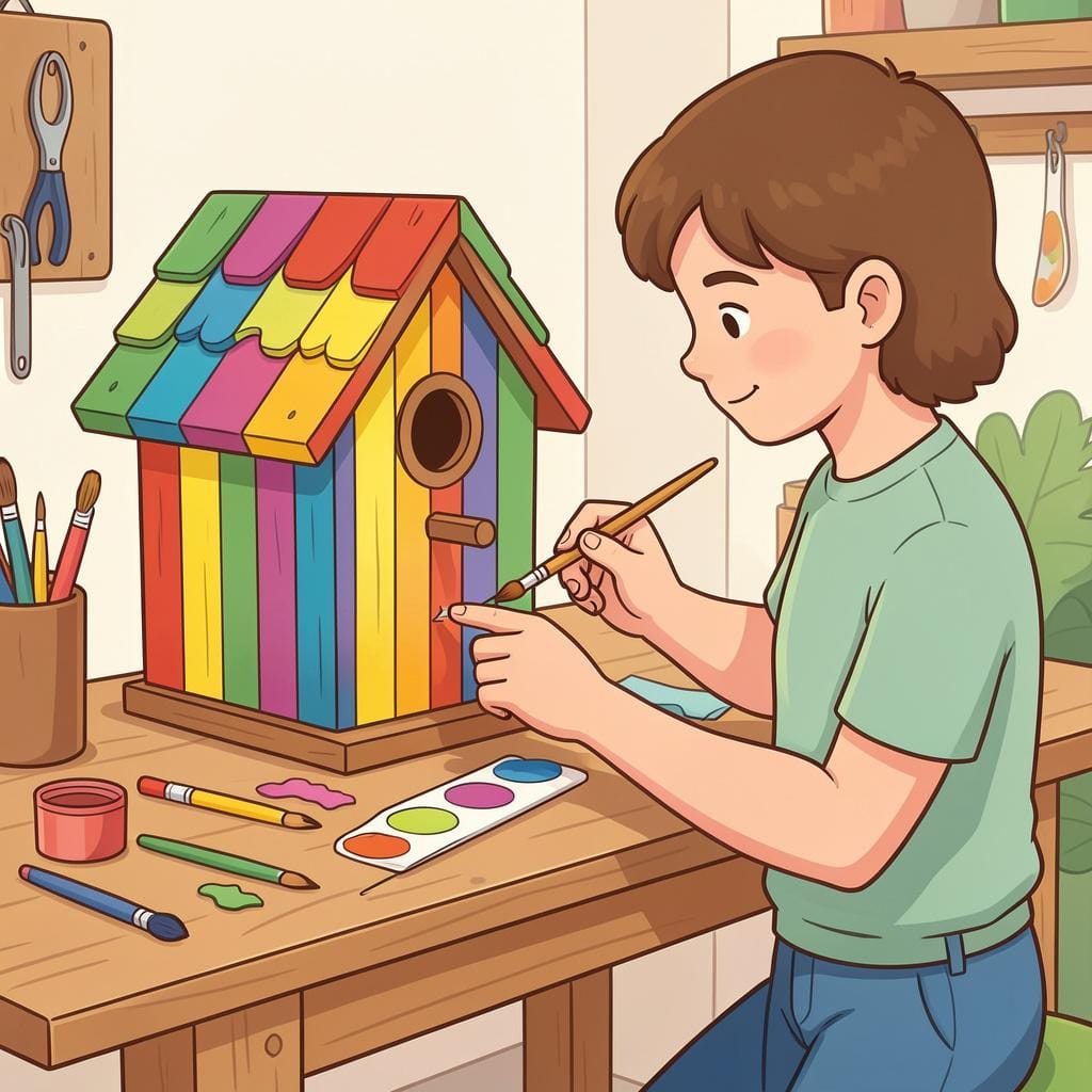 A person in an apron carefully painting a wooden birdhouse on a table.