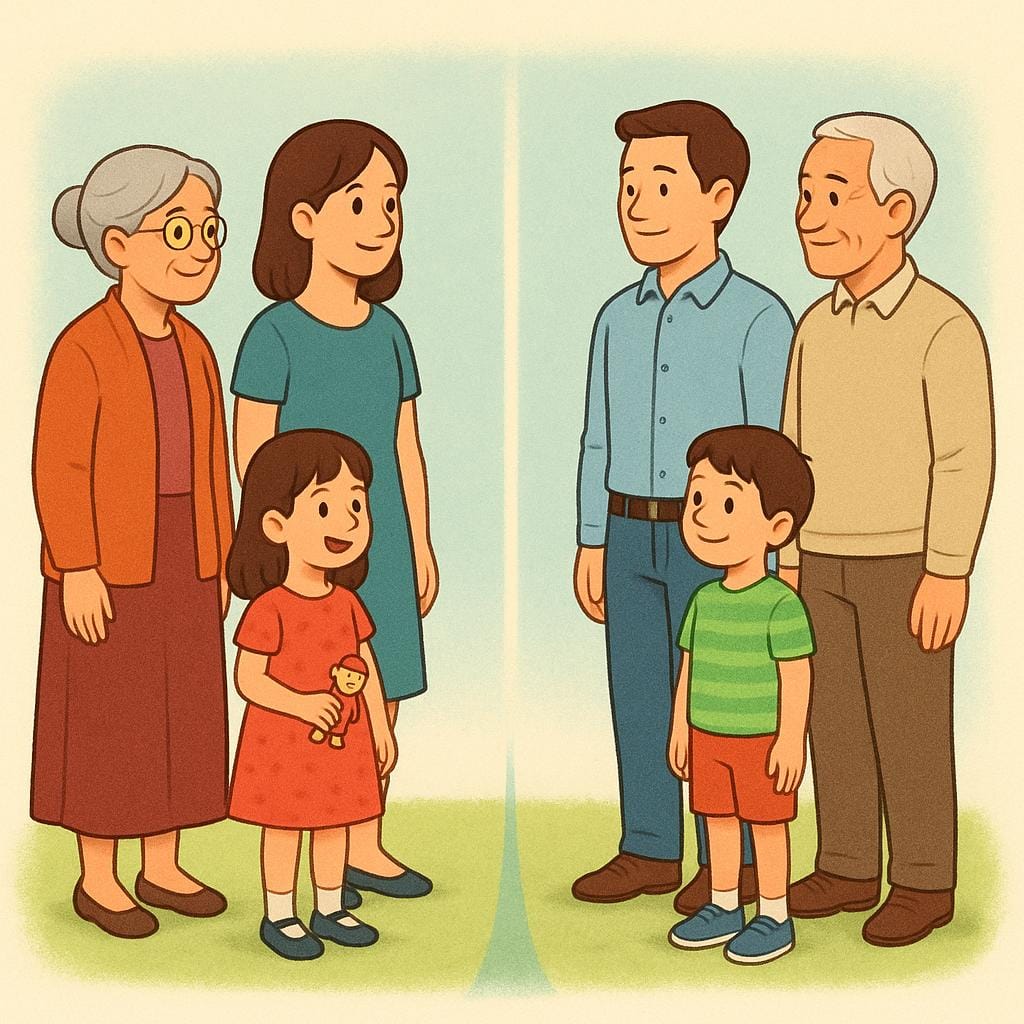 反対側に立つ2つの異なるグループの人々を示すカラフルなイラスト。これは家族の血筋の2つの異なる側面を表している。