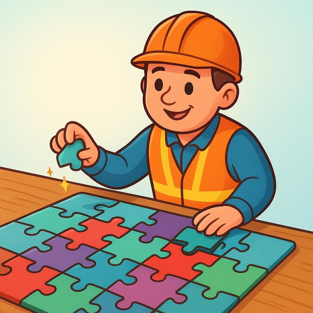 Una piccola figura sorridente che indossa un elmetto da cantiere posiziona l'ultimo pezzo di un grande puzzle colorato su un tavolo, completando l'immagine.