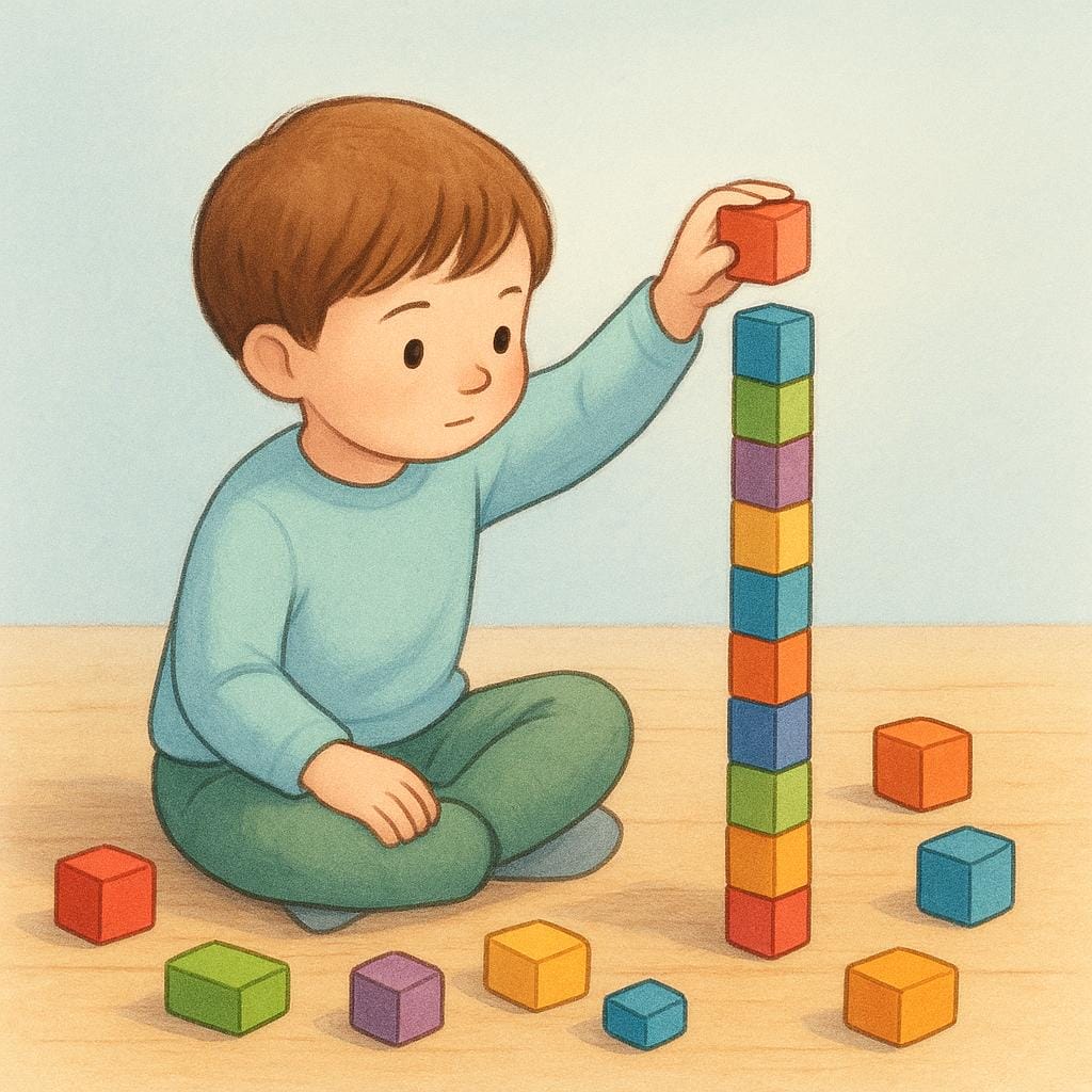 A focused child carefully stacking colorful building blocks into a perfectly straight, tall tower on a clean wooden floor, symbolizing order and self-control.