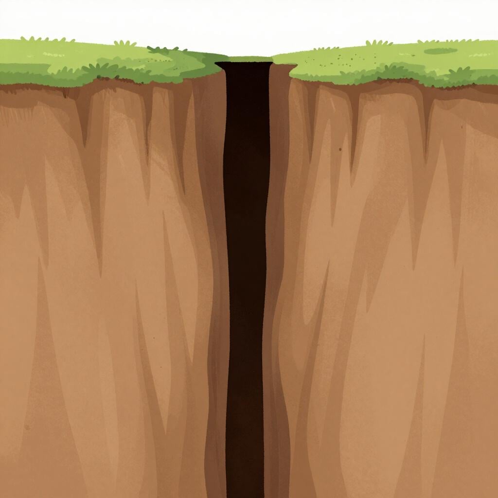 A vertical cross-section view of a very deep, narrow hole extending far down into the brown earth.