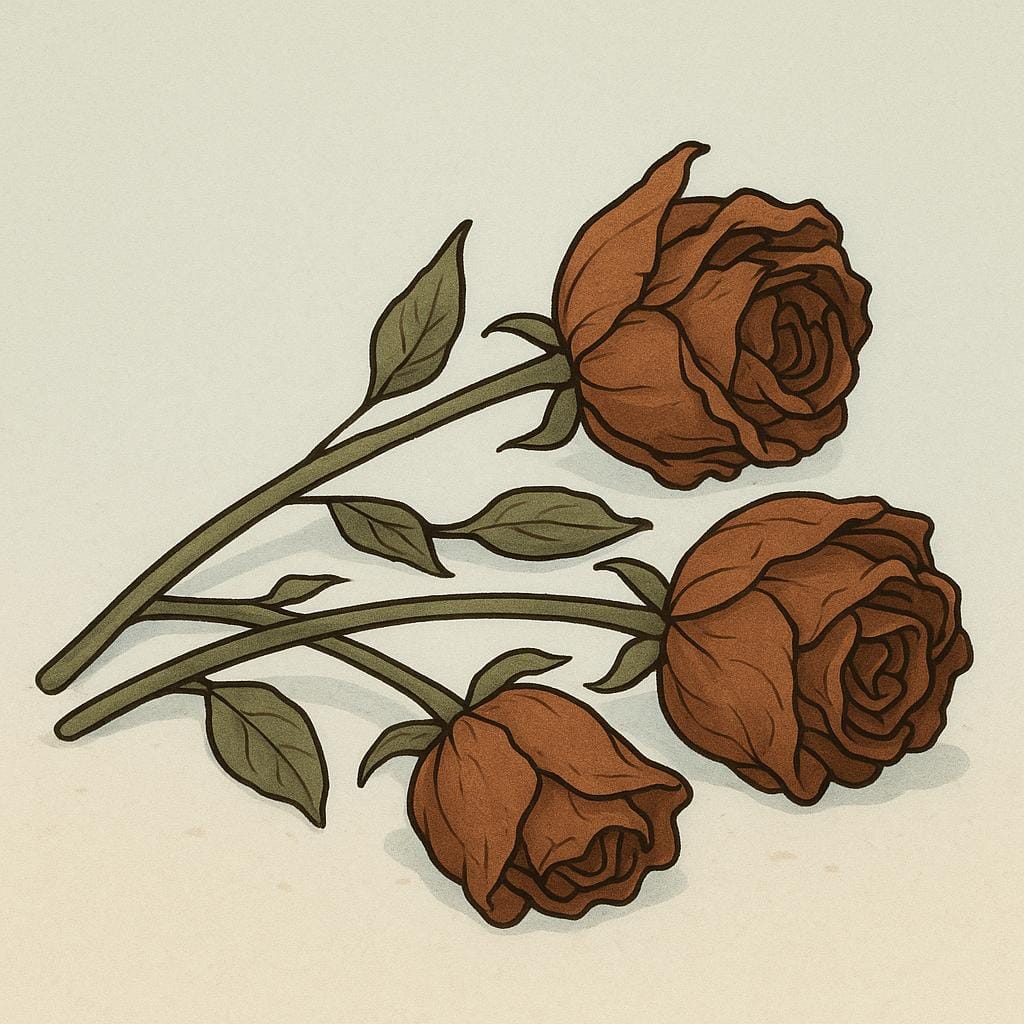 A group of three wilted, brown roses lying horizontally on the ground, illustrating the concept of dead flowers.