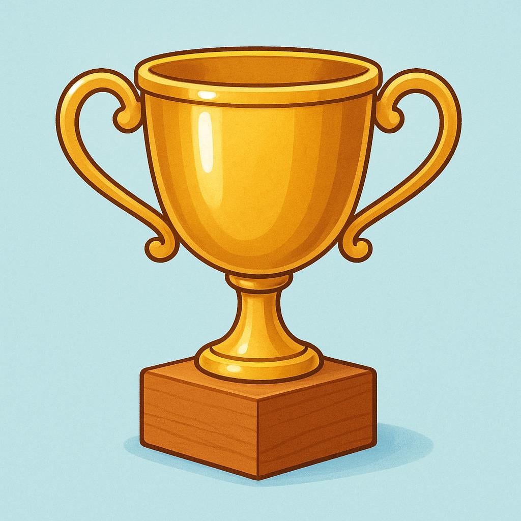 A high-quality illustration of a large, shiny gold trophy cup standing prominently on a simple wooden pedestal, symbolizing victory.