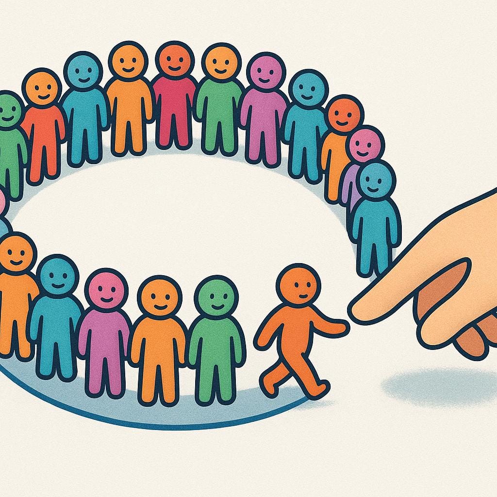 A simplified drawing of a figure being pushed out of a colorful circle containing other figures, illustrating being removed from a group.