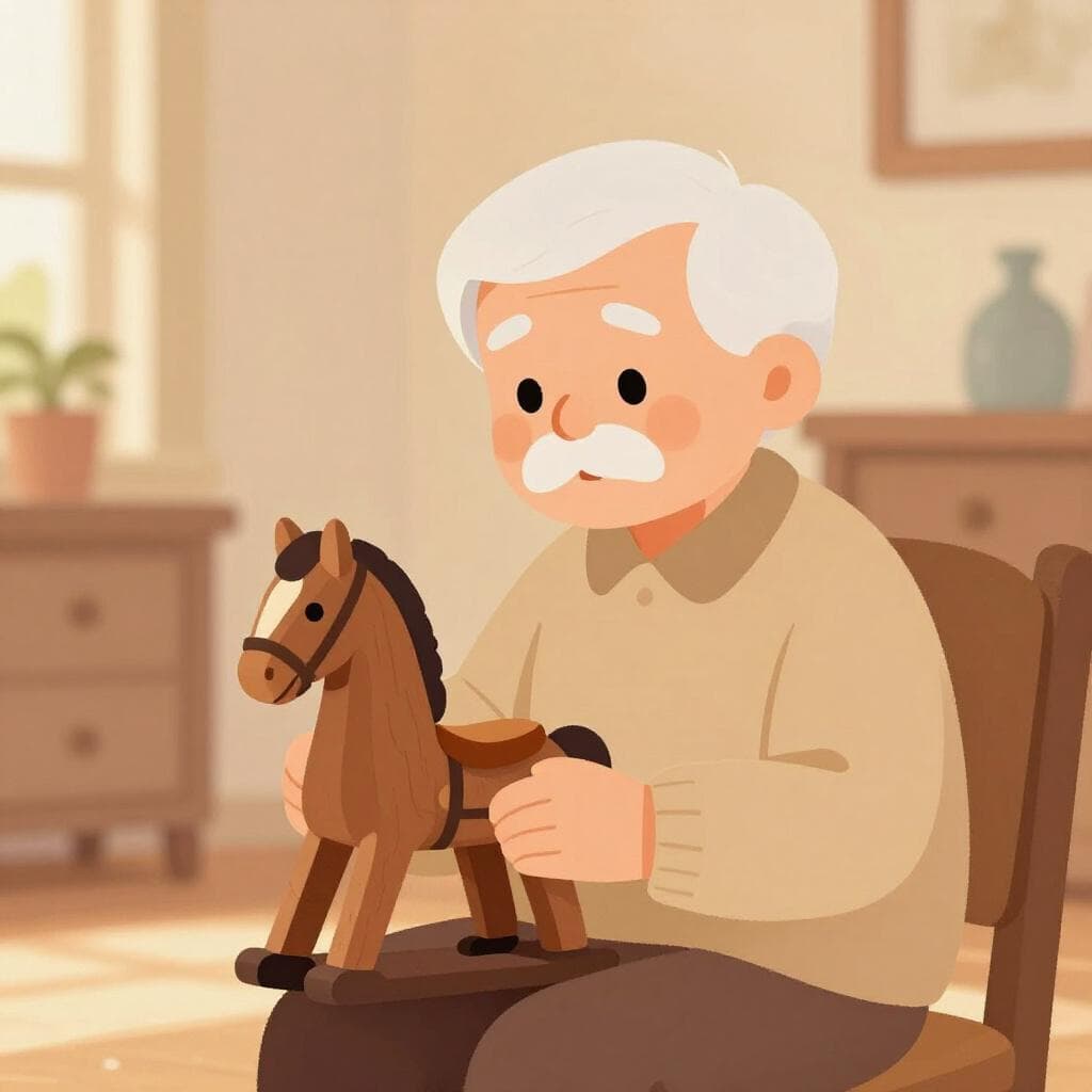 Een oudere persoon die in een gezellige kamer zit en een klein, versleten houten speelgoedpaardje vasthoudt met een zachte, peinzende glimlach.