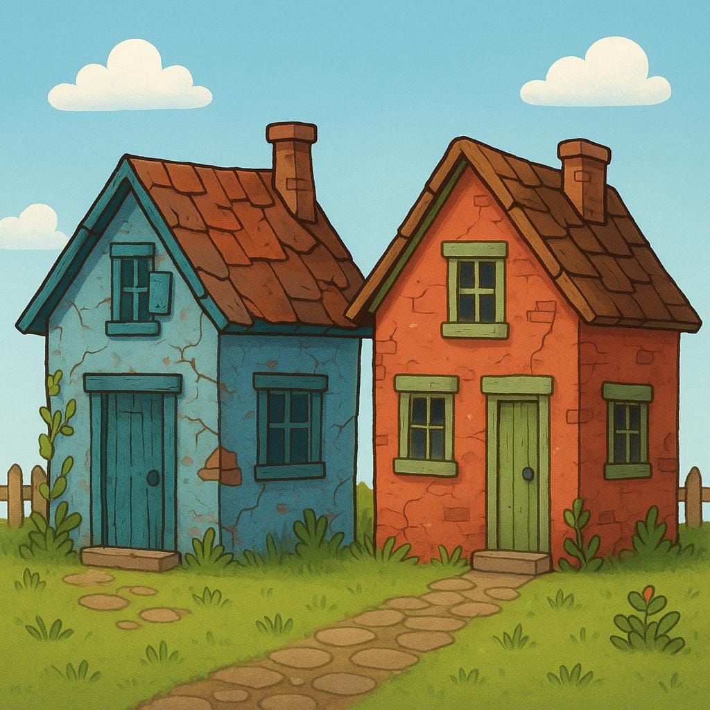 A colorful illustration showing two simple, worn-down, slightly dilapidated houses, indicating they are old.
