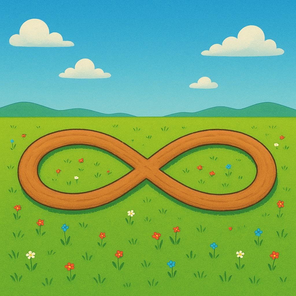 A simple, winding dirt road shaped like a perfect horizontal figure eight (infinity symbol) stretching across a flat, sunny landscape.