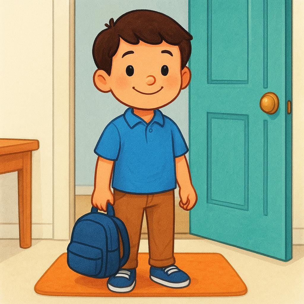 A smiling young boy standing upright, fully dressed in a blue shirt and brown pants, holding a small backpack, ready to go to school.