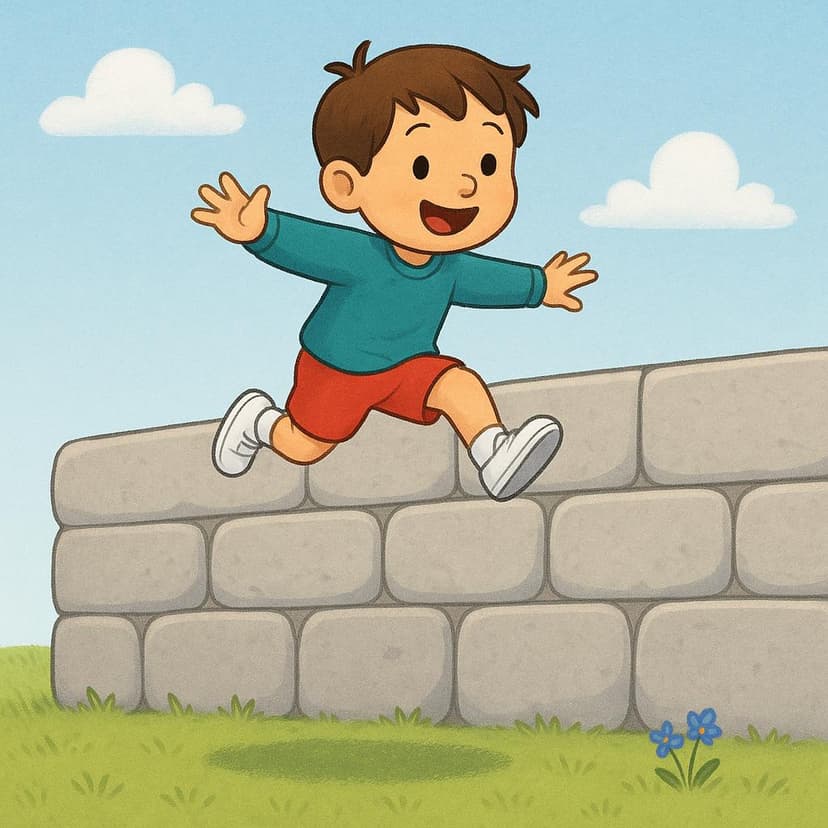 Une petite silhouette déterminée sautant facilement par-dessus un mur de pierre haut et lisse, symbolisant le fait de surmonter un obstacle difficile.