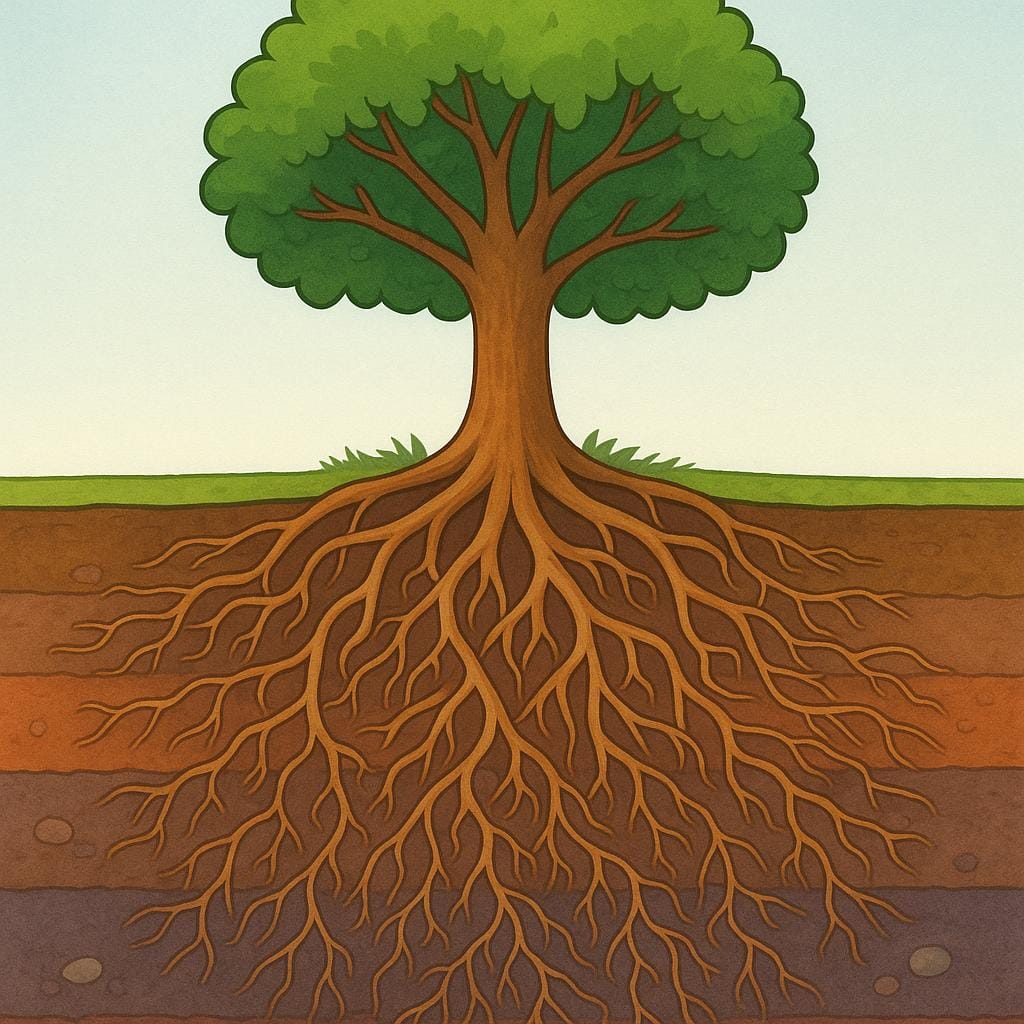 An illustration of a single tree whose root system is extraordinarily long, complex, and intricate, spreading deeply into the earth to symbolize seriousness or complexity.
