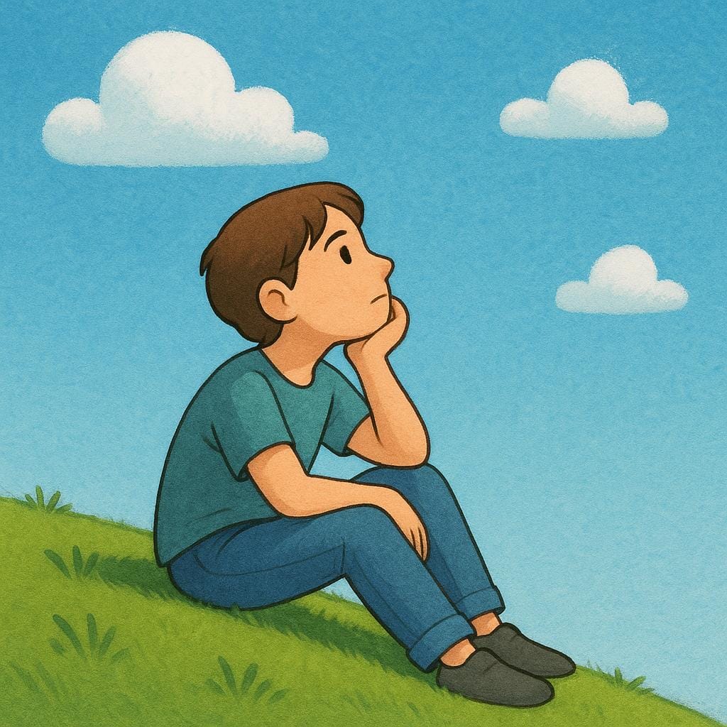 Une personne seule assise sur une colline herbeuse, appuyant son menton sur sa main tout en regardant pensivement le ciel.