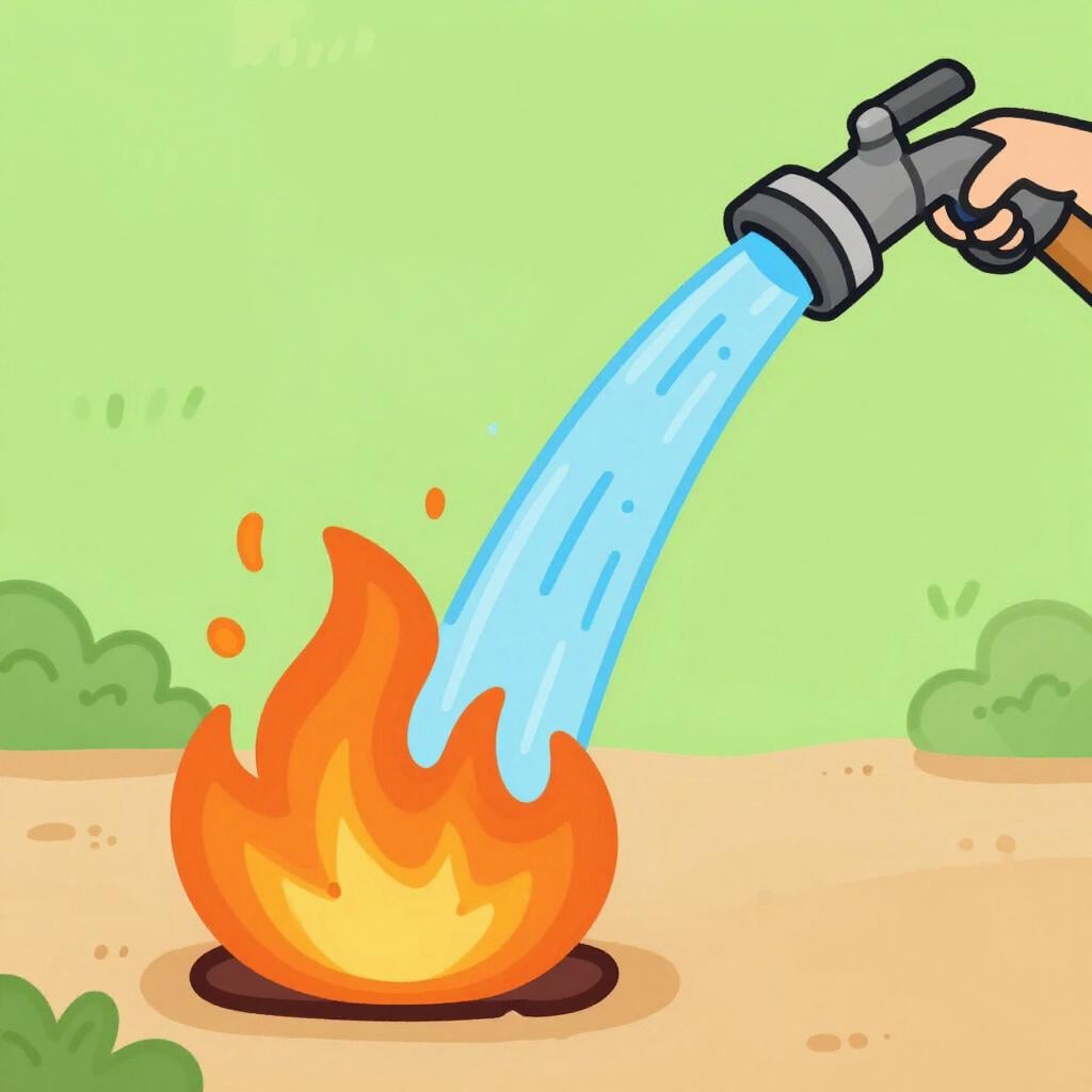 火の熱を中和するホースからの青い水の噴射を描いたカラフルな絵本風イラスト。