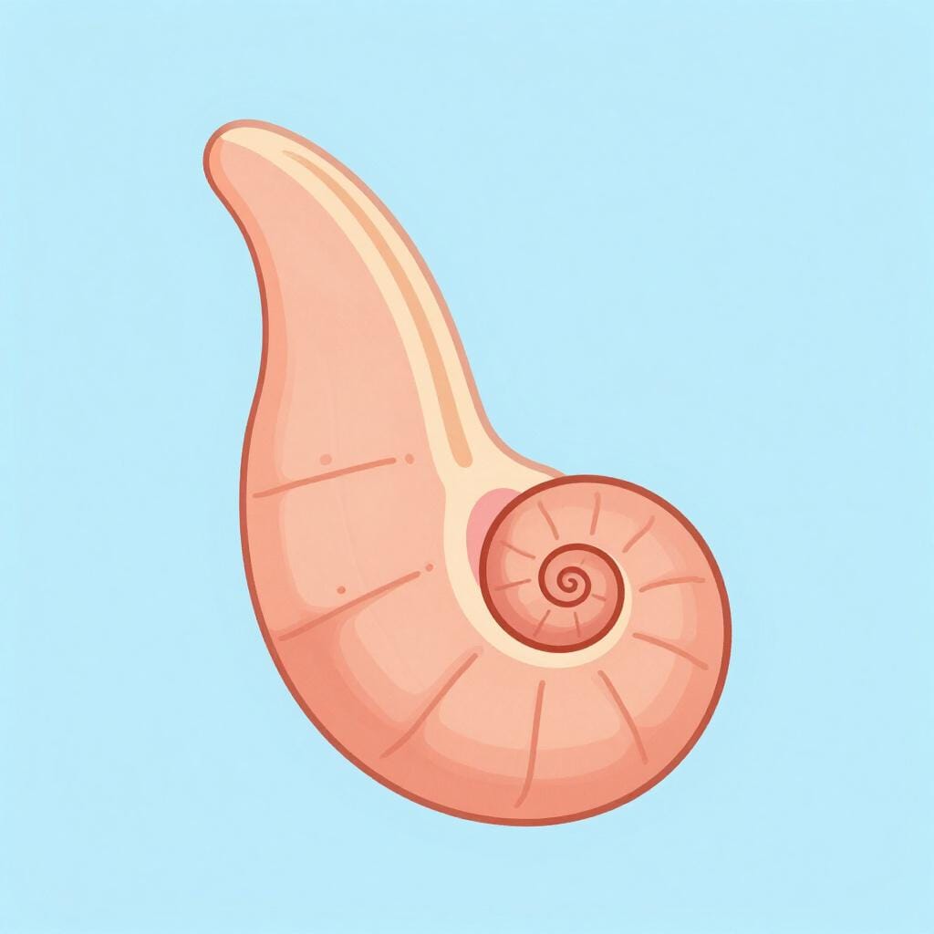 A detailed illustration of the spiral-shaped cochlea from the human inner ear.