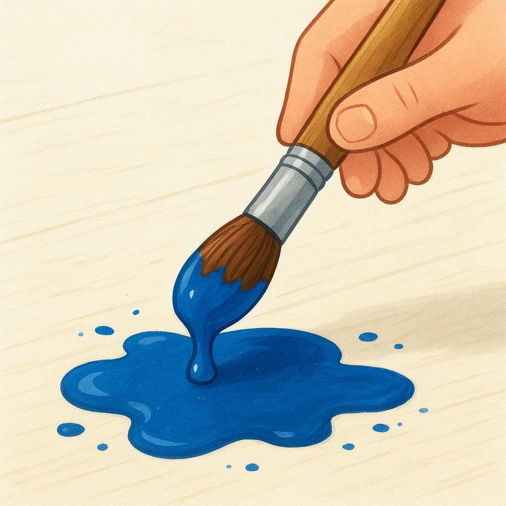 A person's hand holding a paintbrush actively dripping thick blue paint onto a clean light-colored wooden surface, causing a visible spreading stain.
