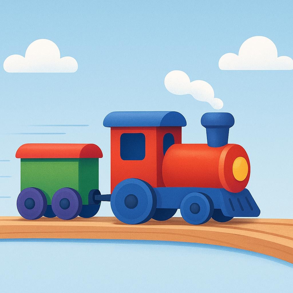 A brightly colored toy train moving smoothly and quickly along a clean wooden track, symbolizing a process that developed well or 'went' smoothly.