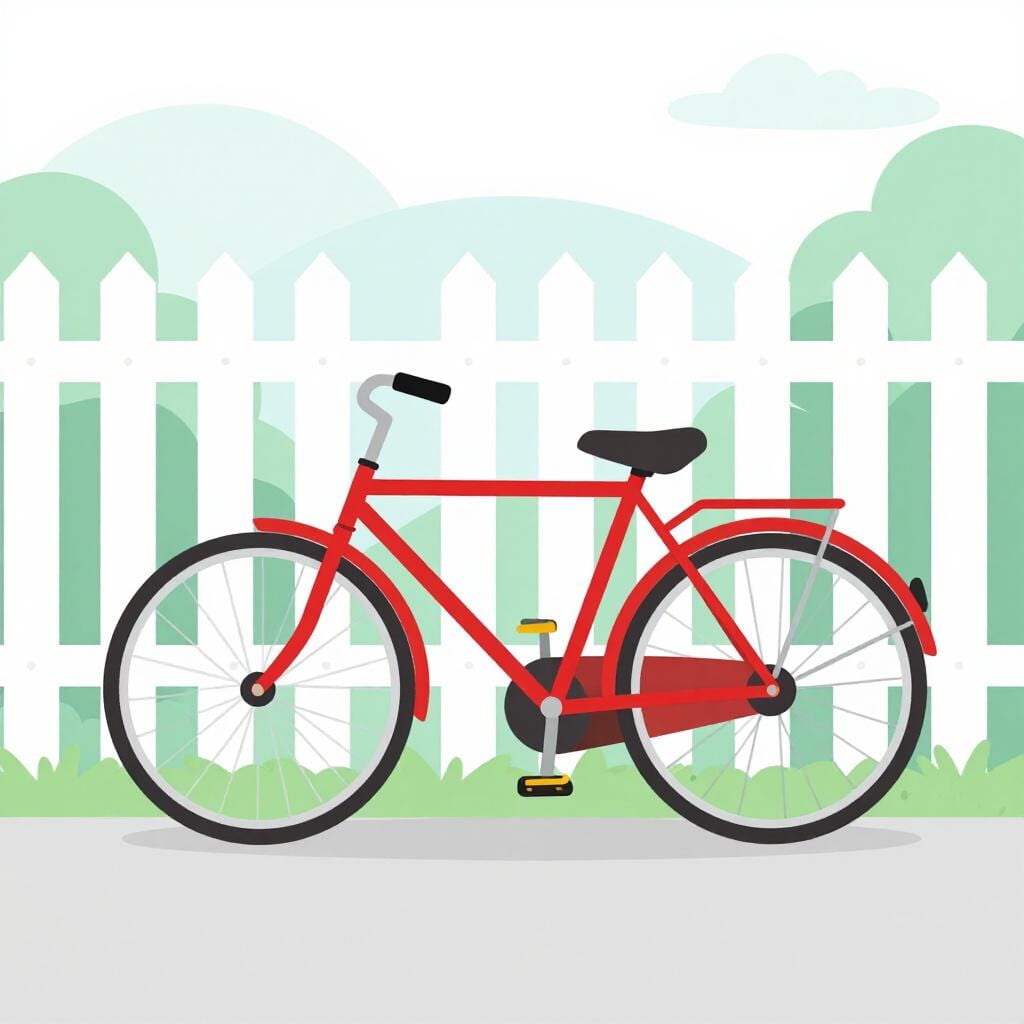 A bright red bicycle leaning against a white fence, completely stationary.
