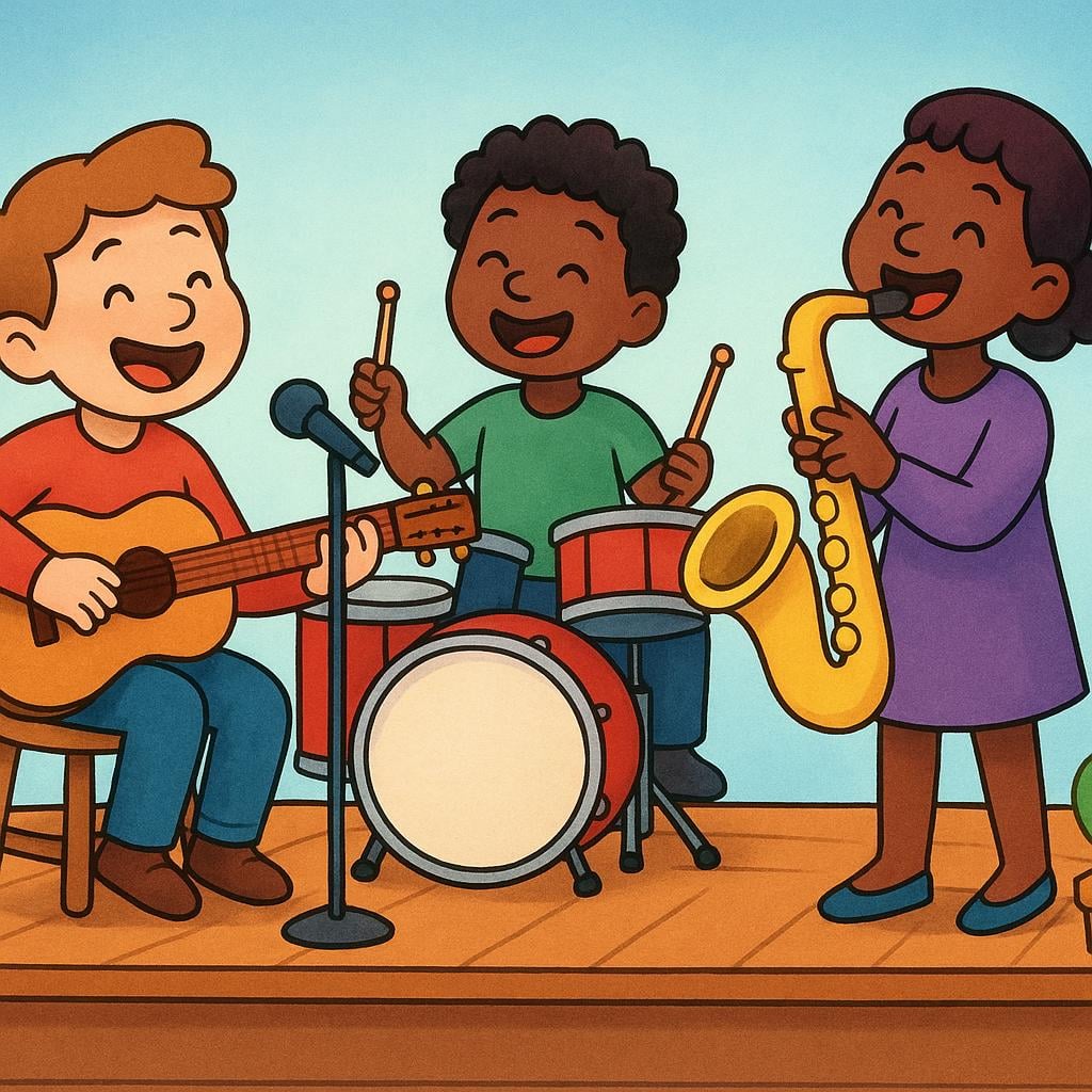 A small group of musicians playing instruments like a guitar and drums on a stage.