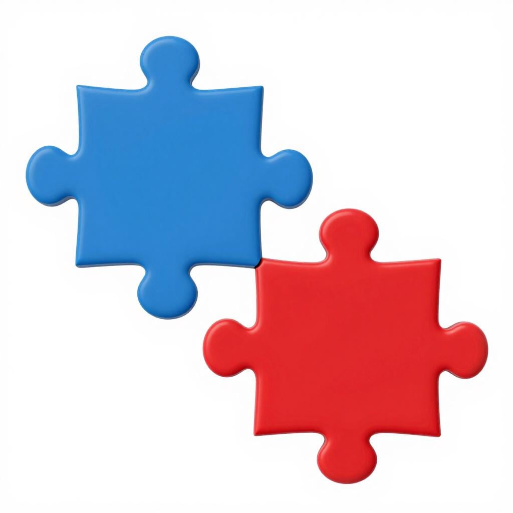 Two puzzle pieces with different colors being pushed together to form a single unit.
