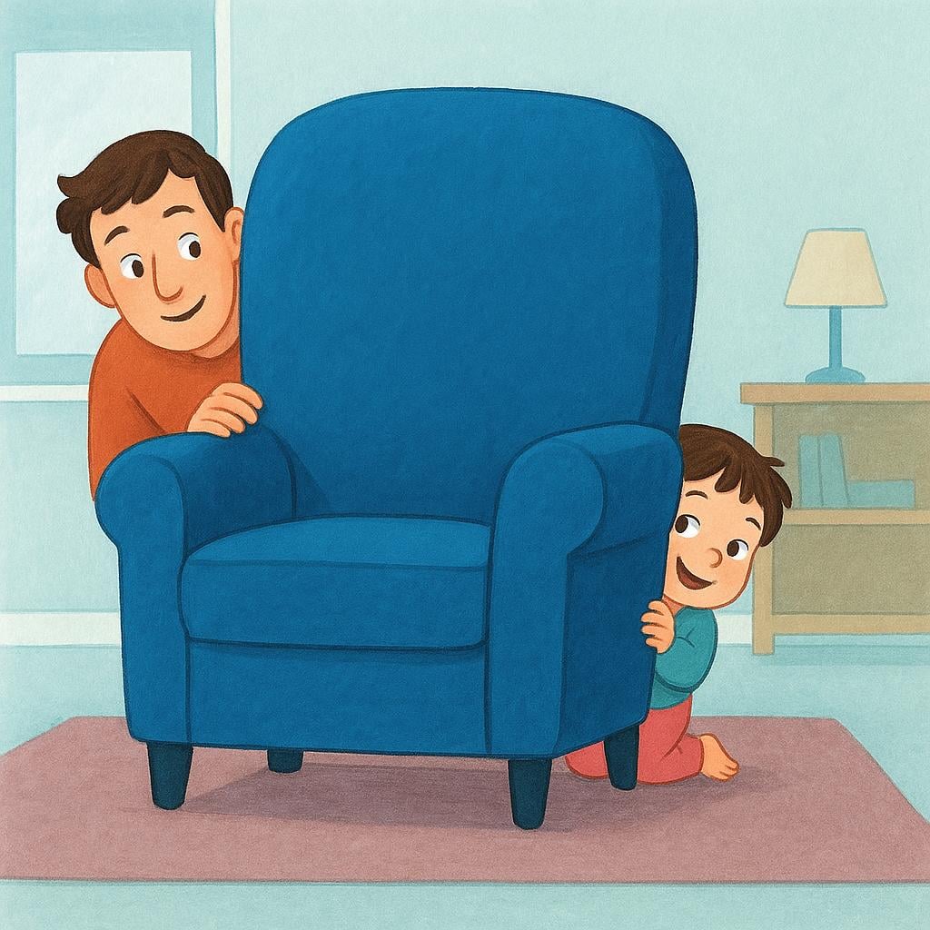 An adult is peering around a large blue armchair, actively searching for a small child who is hiding behind the chair.