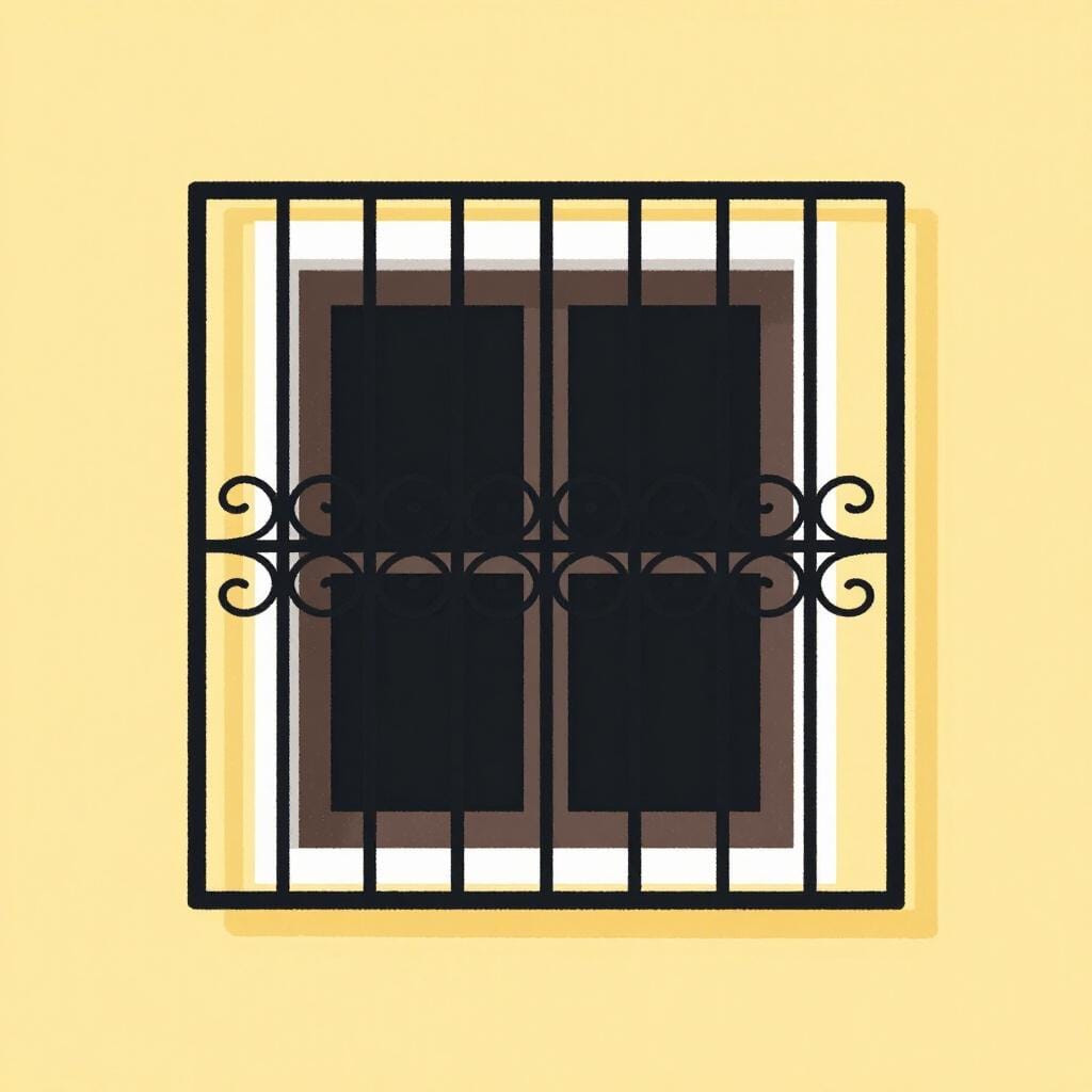 Ein dekoratives schwarzes Metallgitter, das ein einfaches weißes Fenster an einer gelben Wand bedeckt.