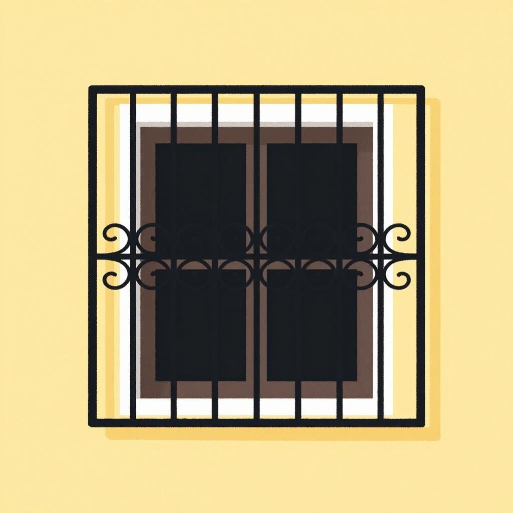 Une grille métallique noire décorative couvrant une simple fenêtre blanche sur un mur jaune.