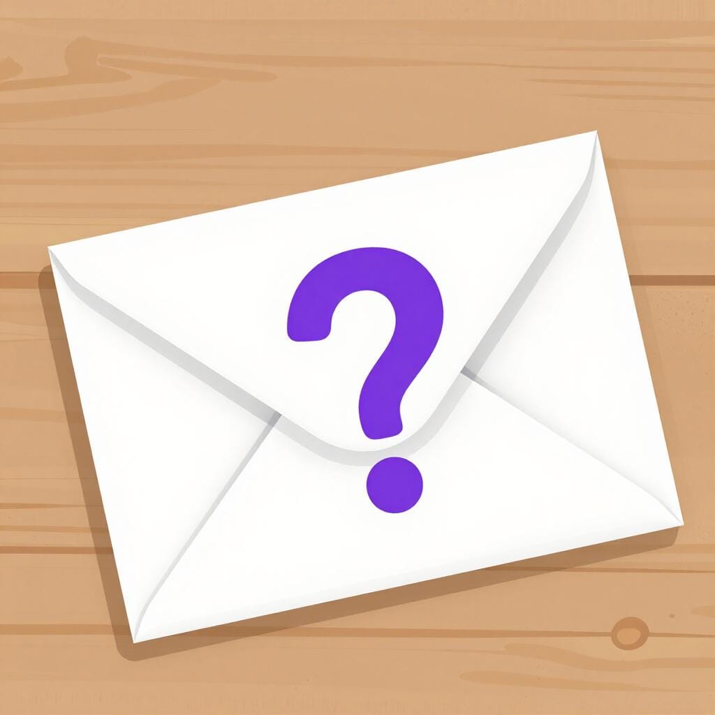 An envelope with a question mark on it, resting on a wooden table.