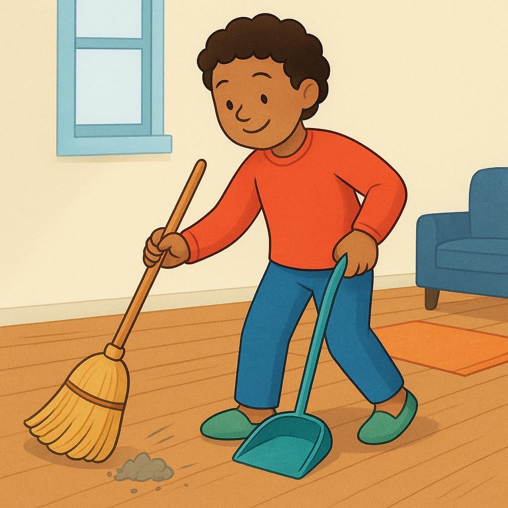 A cheerful person using a broom and dustpan to sweep dust off a floor, clearly completing a domestic chore.
