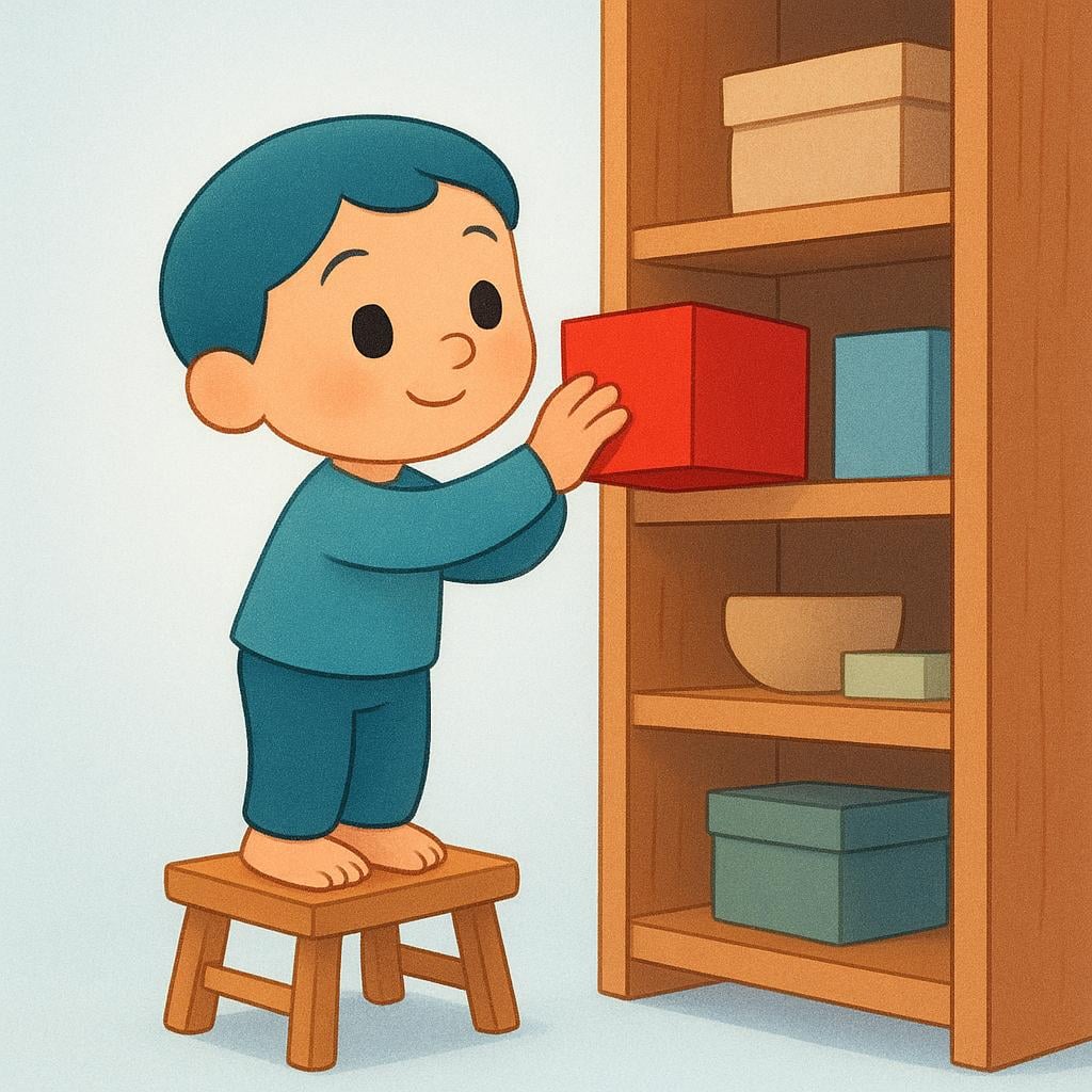 A person standing on a stool reaching up to retrieve a red box from a high shelf.