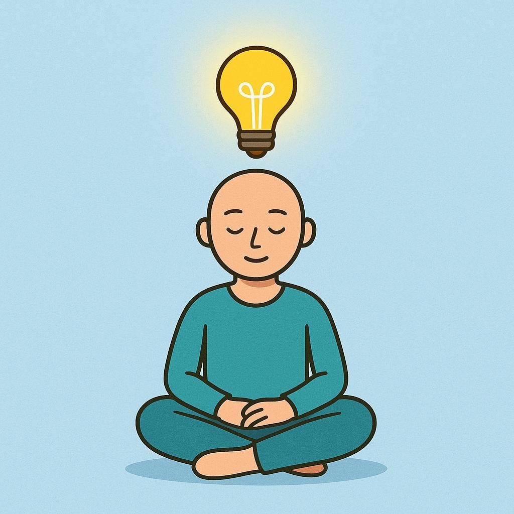 A simple figure sitting calmly with a brightly illuminated yellow lightbulb floating above their head, representing a sudden idea striking.