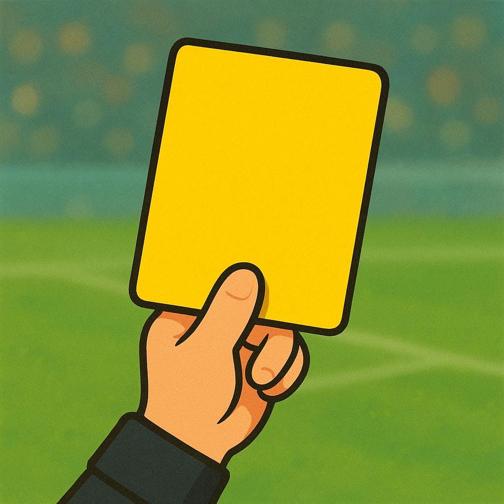 A simplified illustration of a soccer referee's hand holding up a solid yellow rectangular penalty card.