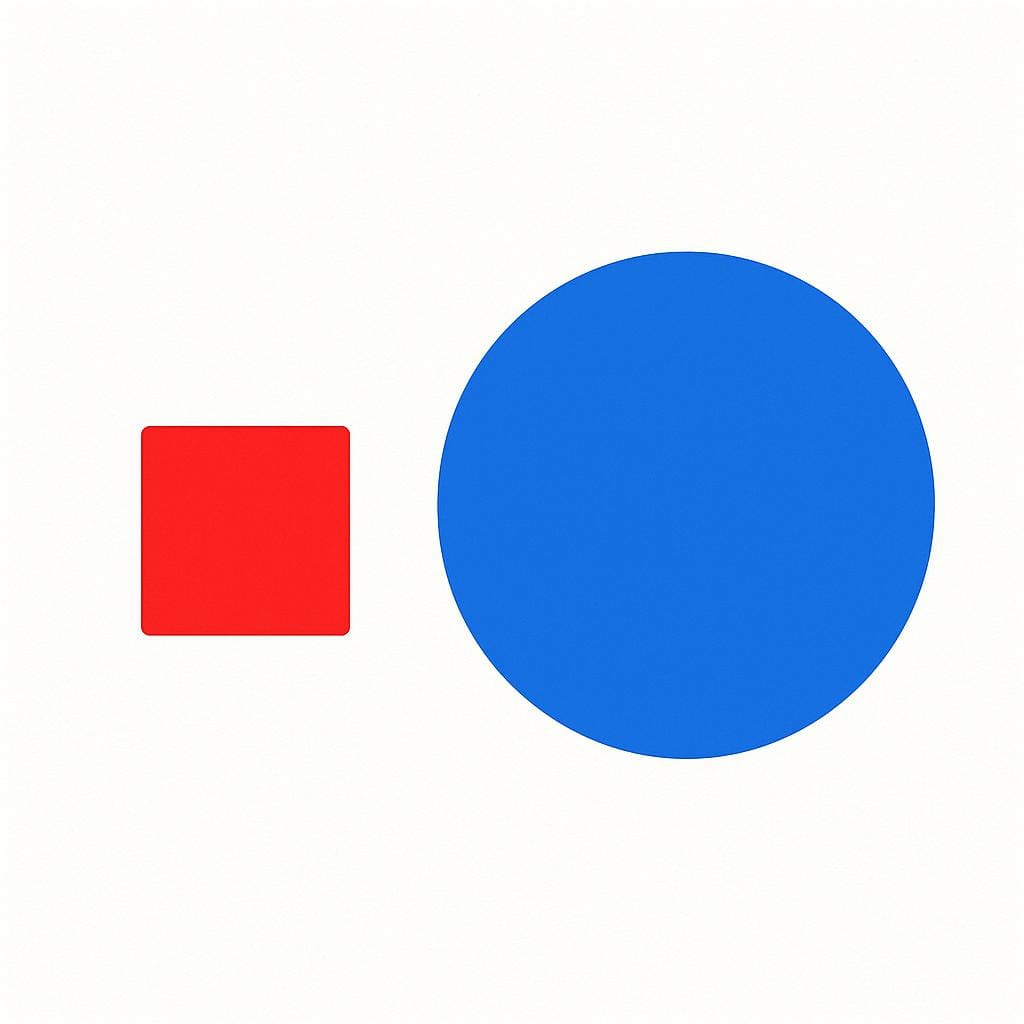 A small bright red square placed next to a large bright blue circle, clearly illustrating a difference in size and color.
